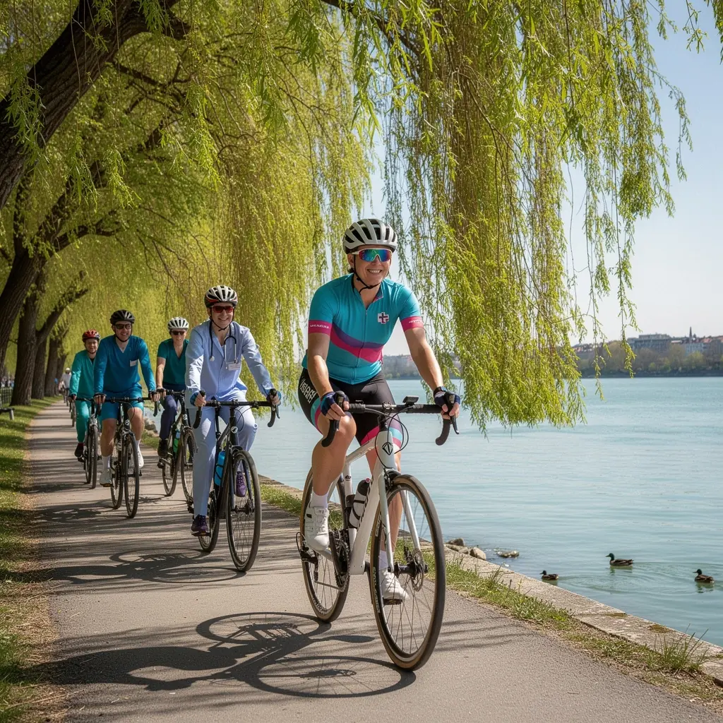 Eine Gruppe von Radreisenden, die eine Pause in einem charmanten Dorf macht.