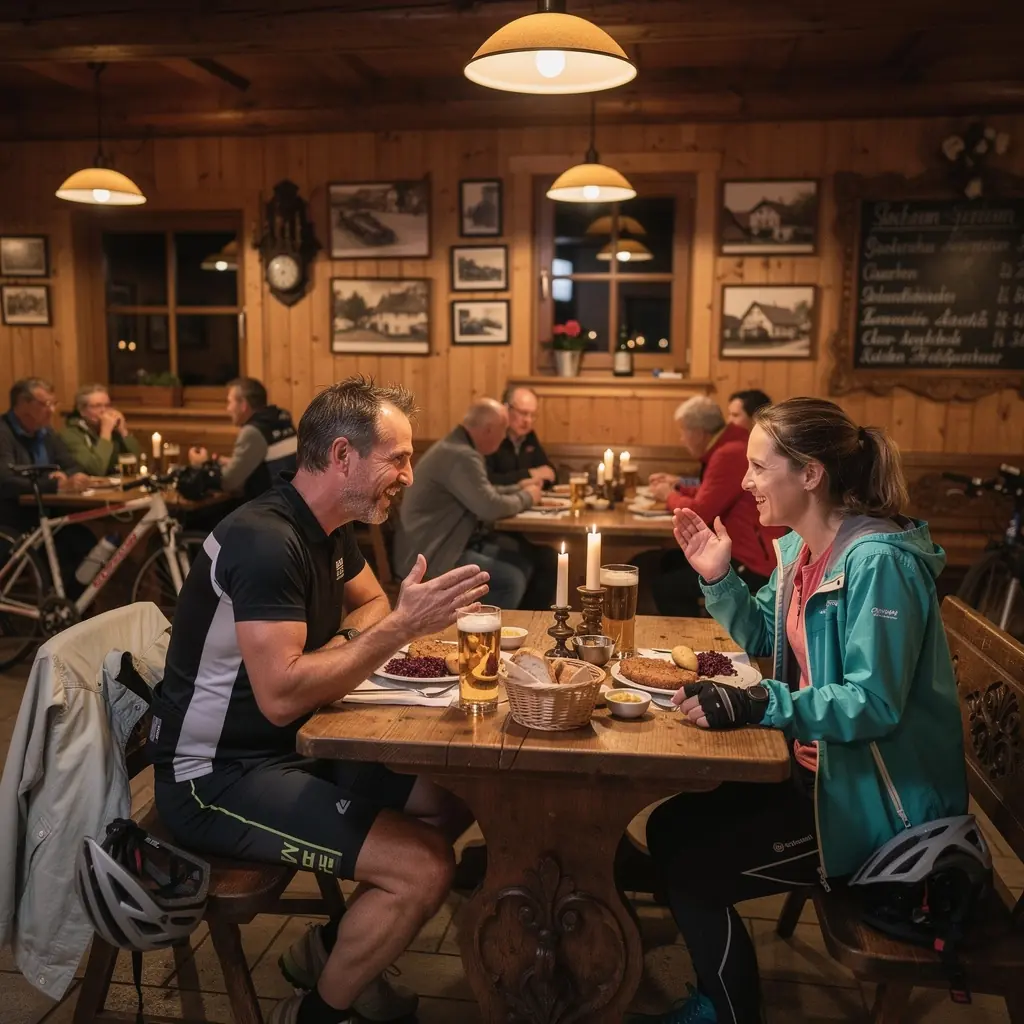 Ein entspannter Radfahrer mit Gepäck auf dem Fahrrad, der die Natur genießt.